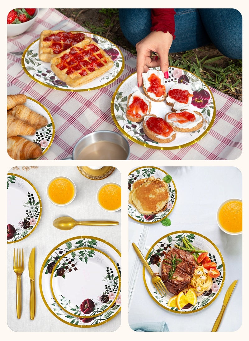 HomarKet 200PCS Disposable Dinnerware Set,25 Guest Party Supplies Dinner Set Include Paper Plates Napkin Cup Straw Plastic Spoon Fork Knive for Baby Shower,Wedding,Birthday (Elegant leaves&Flowers) - Image 5